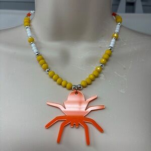 Handmade Beaded Necklace Halloween Orange Yellow White Acrylic Spider Pendant